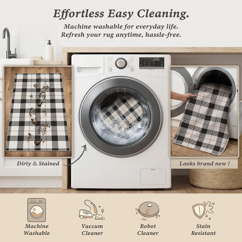 JTJ Easy Jute 2x6 Kitchen Runner Rug, Black and White Plaid, Washable