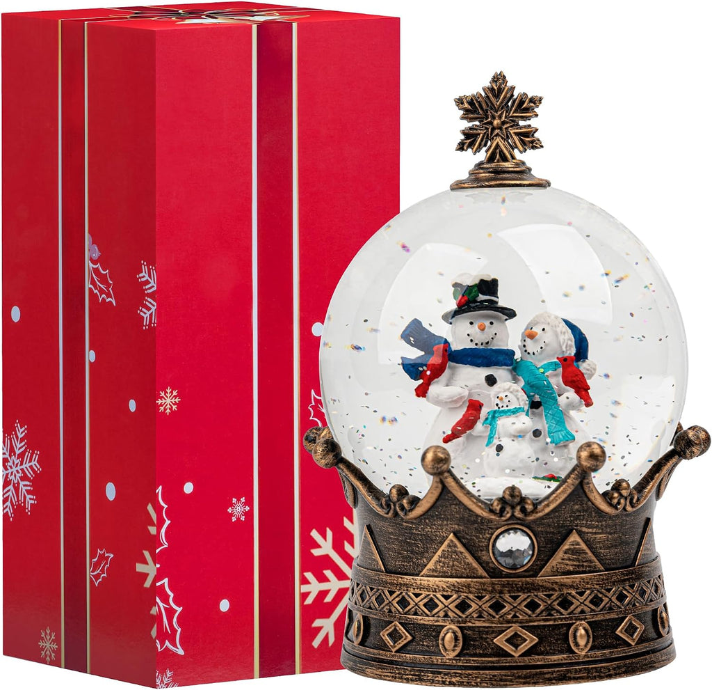 Snow Globe Lighted Christmas Decorations, Snowman Family Musical Crown Snow Globe Lantern with Swirling Glitter, Christmas Holiday Party Gifts and Decorations