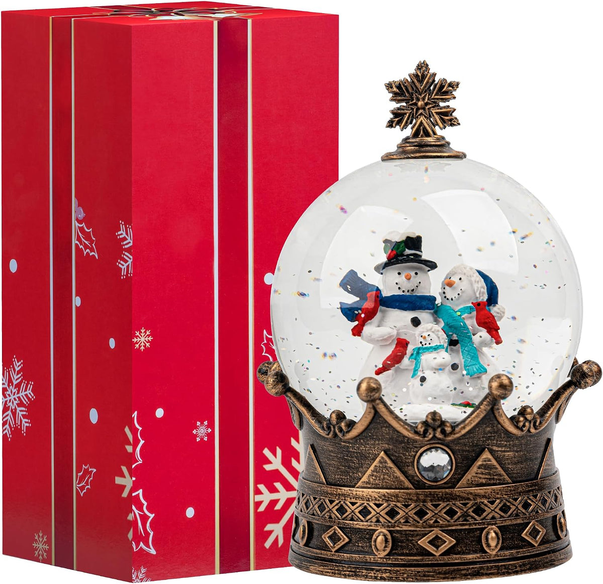 Snow Globe Lighted Christmas Decorations, Snowman Family Musical Crown Snow Globe Lantern with Swirling Glitter, Christmas Holiday Party Gifts and Decorations