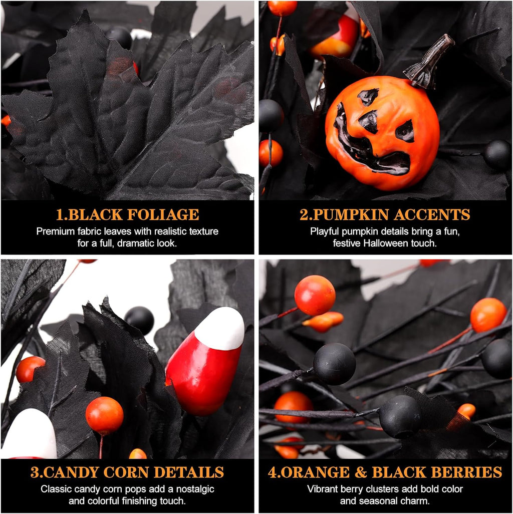 pumpkin halloween wreath 24 inch black maple leave showing dimensions