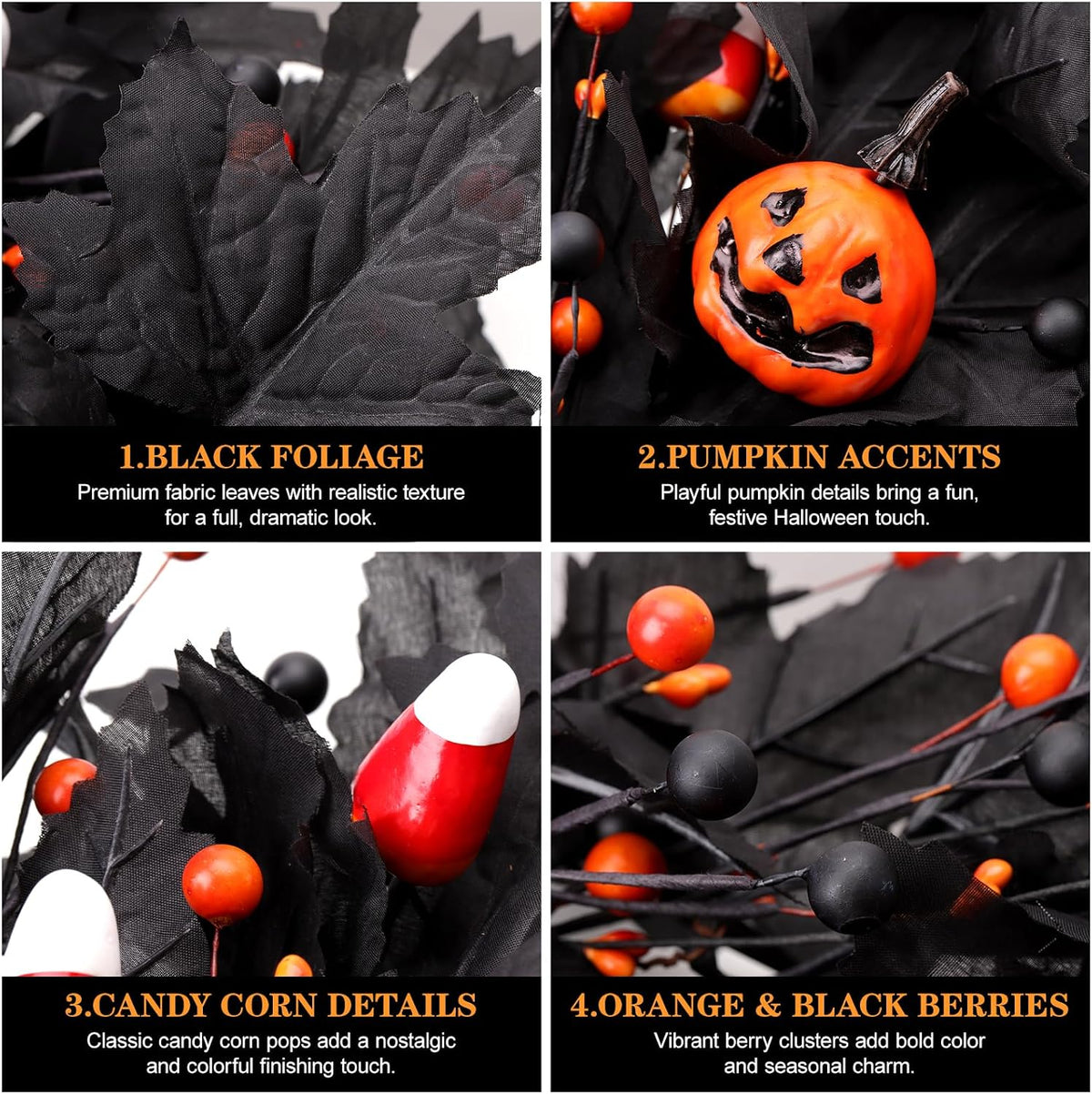 pumpkin halloween wreath 24 inch black maple leave showing dimensions