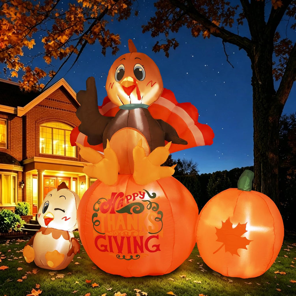 6.2ft thanksgiving inflatables outdoor decorations turkey sits on shown in use