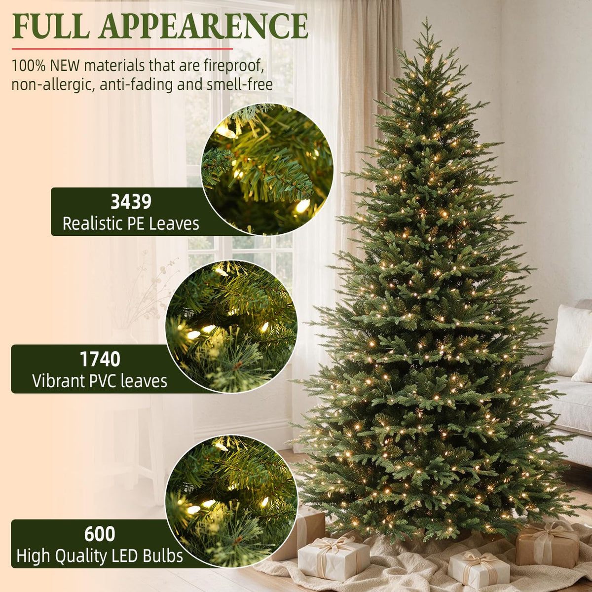 9FT Prelit Premium Christmas Tree, 5179 Realistic PE&PVC Tips
