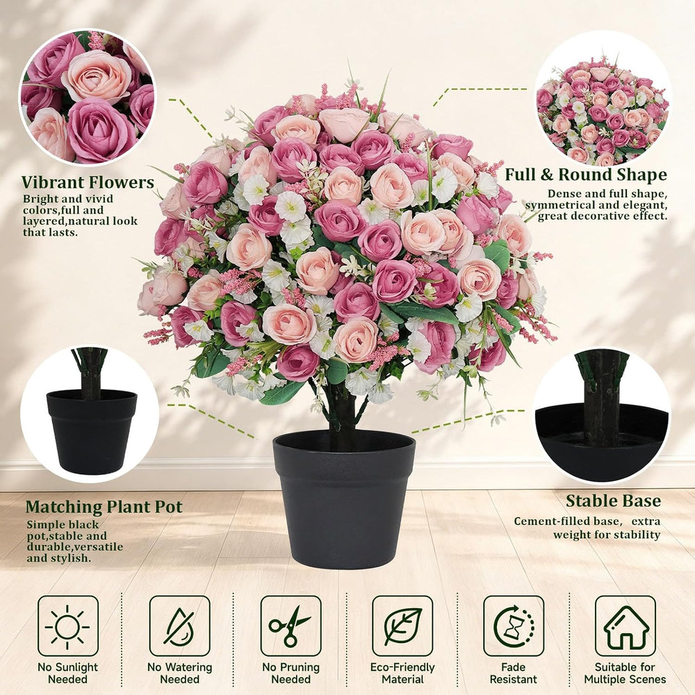24" Artificial Potted Flowers for Outdoors, Silk Rose Faux Plants