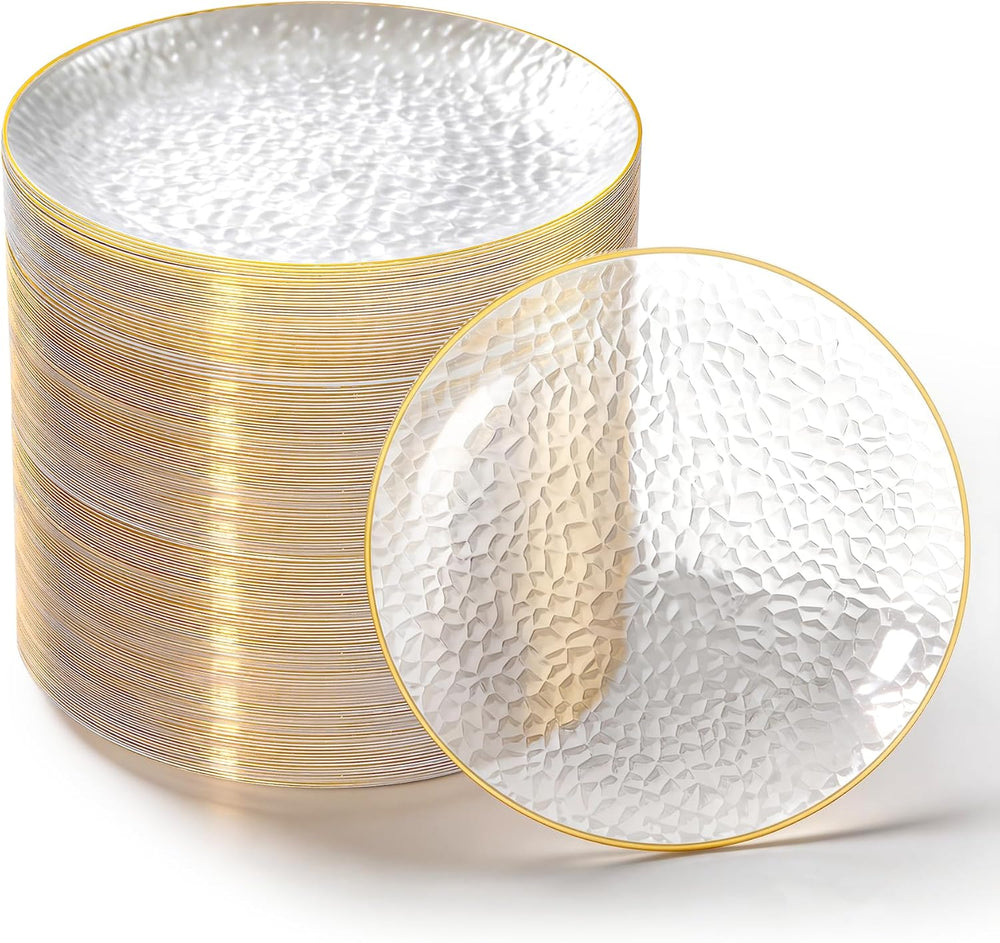 100PCS Gold Plastic Plates, 7 Inch Pebbled Disposable Plates
