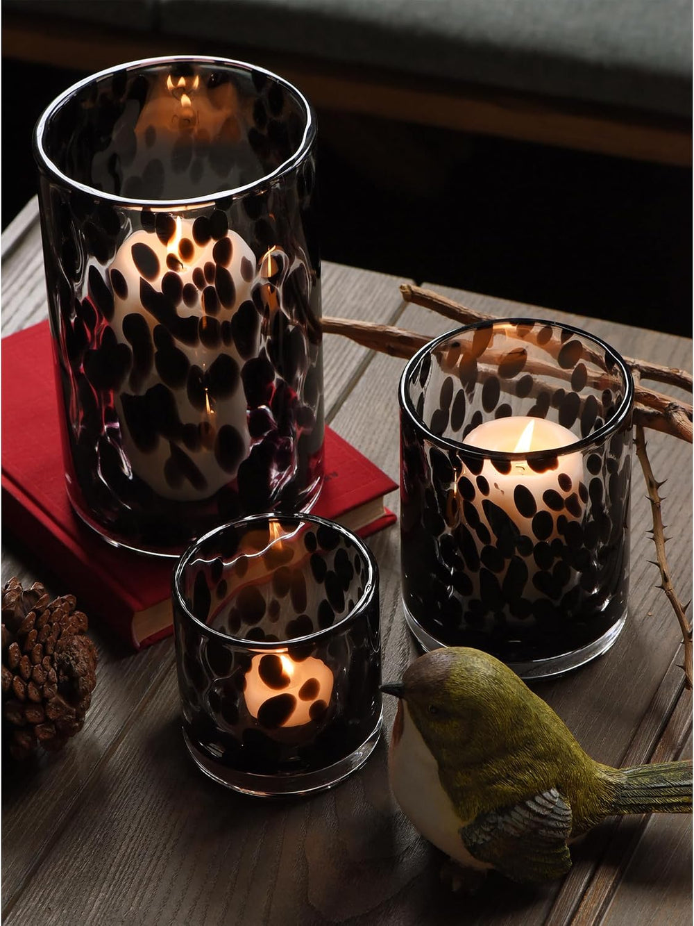 Glass Hurricane Candle Holder Set, Black Tortoise, 3 Piece