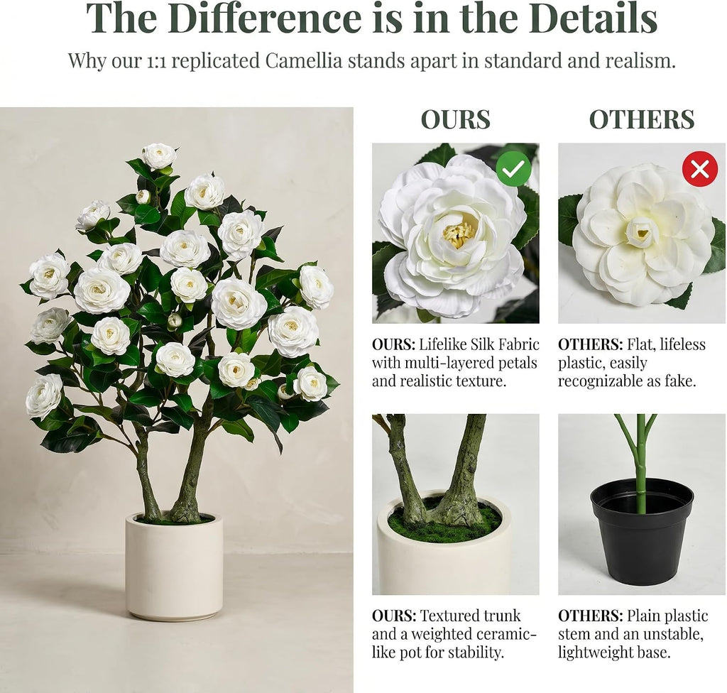 artificial camellia tree, 3ft fake tree with white, close-up detail