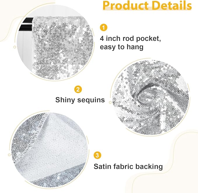 SquarePie Sequin Backdrop Curtain 8FT x 10FT Silver Satin Backing Fabric Photography Background for Wedding Patry 4FT x 10FT 2 Panels (2 PCS)