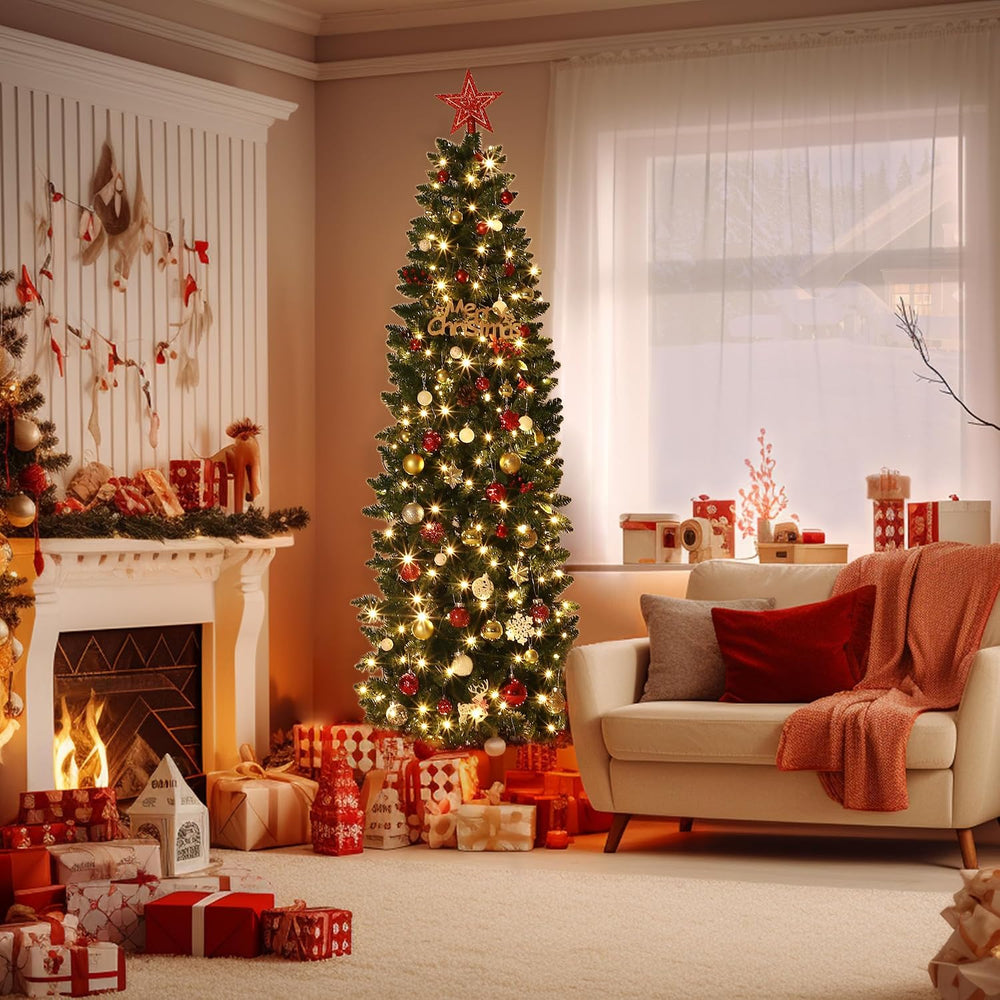 7.5FT Pre-Lit Christmas Tree, Artificial Pencil Holiday Decoration with LED L...