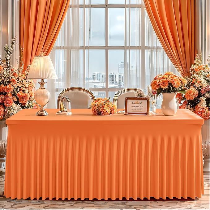 Wish Care 2 Pack Orange Spandex Table Clothes for 8 Foot Rectangle Tables, 8FT Wrinkle Free Fitted Tablecloths Ruffles Design Table Cover for Party, Banquet, Wedding and Events