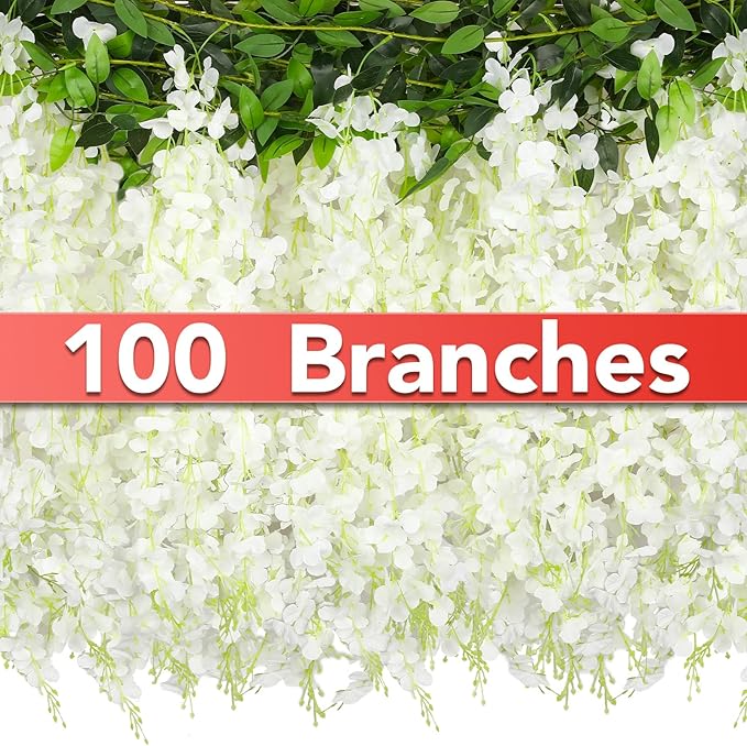 Wisteria Artificial Flowers Garland，10Pcs Total 60ft Silk Fake White Wisteria Flowers Hanging for Home Garden Wedding Arch Party Indoor Outdoor Decor