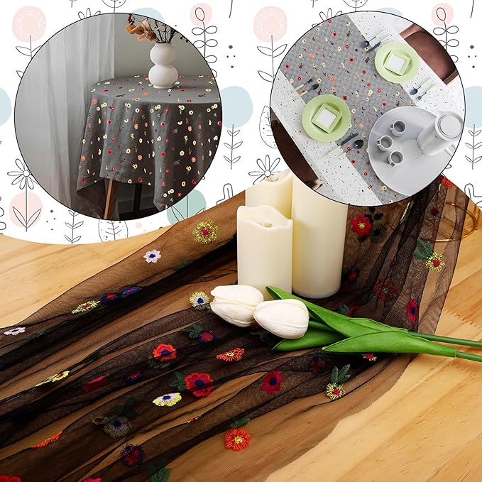 BINBE 12pcs Daisy Fall Table Runner Embroidery Gauze 10FT Florals Seasonal Tulle Holiday Birthday Kitchen Dining Table Decor for Home Party Black