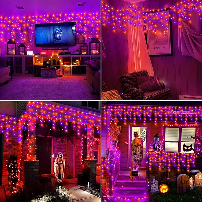 KNONEW 99FT 1216 LED Halloween Lights Decortation Orange Purple String Lights Outdoor with 228 Drops, 8 Lighting Modes, Timer Memory Function Hanging Curtain Lights for Halloween Party Decor