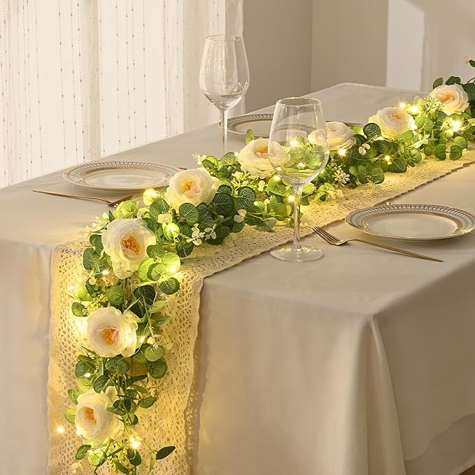 Dolicer 2Pcs 13Ft Artificial Eucalyptus Garlands with Flowers, Faux Floral Greenery Garlands with 13Ft String Lights Fake Flowers Vines for Wedding Centerpieces Arch Party Decor (White)