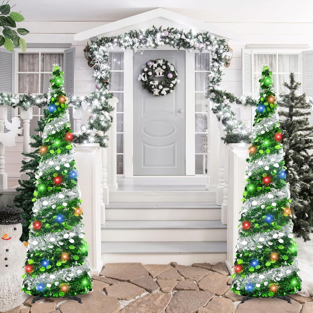 5Ft Pop Up Christmas Tree with Lights, Collapsible Pencil Tree Green Silver, Skinny Christmas Tree Slim Xmas Tree, Artificial Tinsel Tree Foldable for Home Apartment Holiday Party Winter Decor