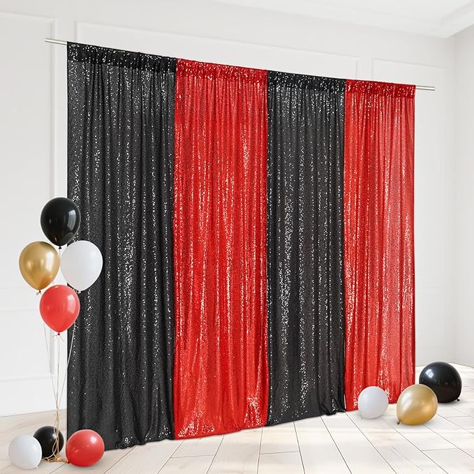 Eternal Beauty Black and Red Backdrop 4 PCS-2x8 Ft Sequin Curtain Panels for Christmas Party, Birthday
