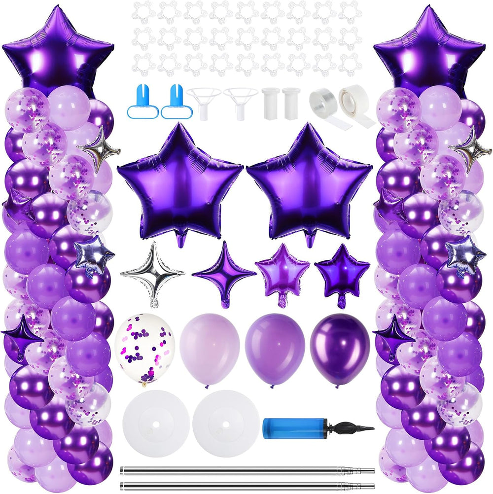 Gejoy 110 Pcs Purple and Silver Balloon Arch Column Stand Kit