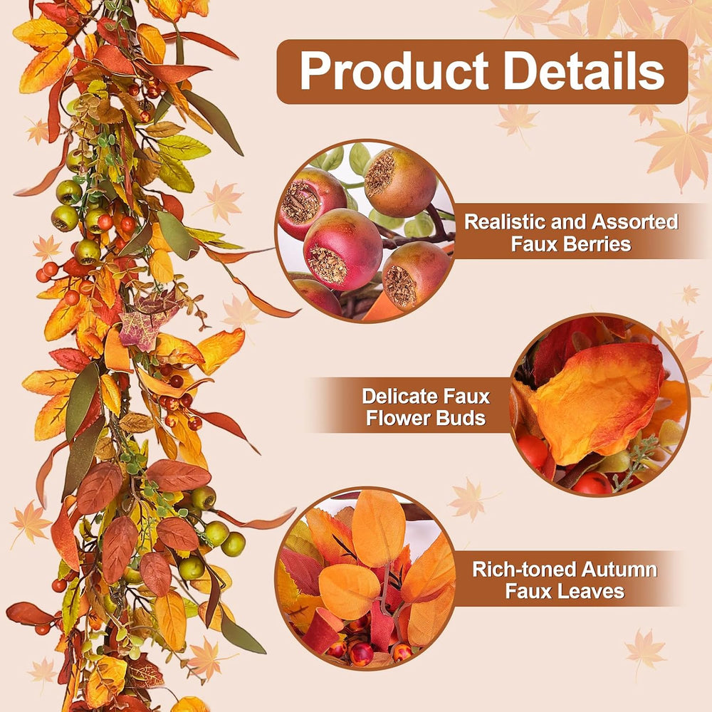 6ft Artificial Thick Fall Berry Garland with Floral Flowers