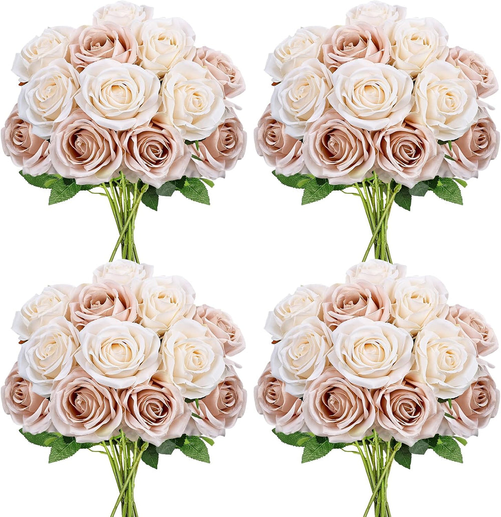 48 PCS Boho & Champagne Roses Artificial Flowers, Silk