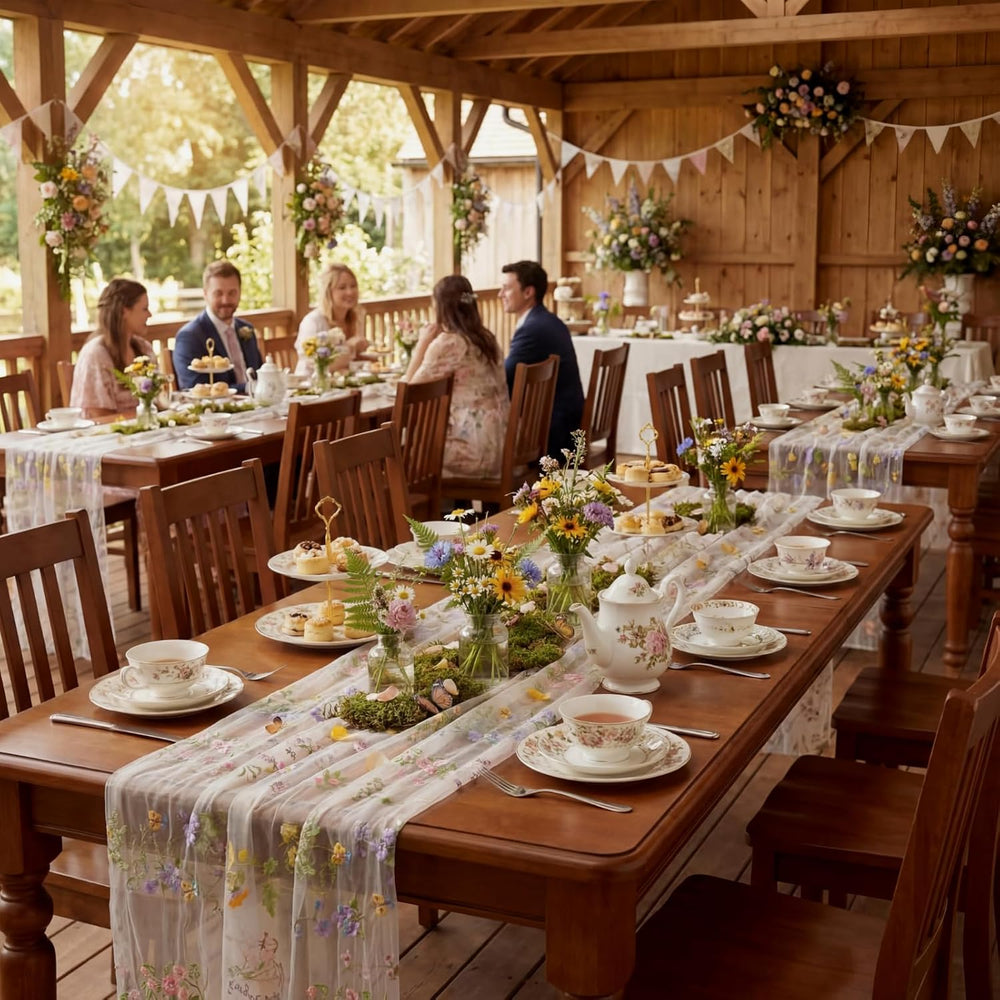 Ivory White Floral Table Runner 10ft Embroidery Tulle Wildflower