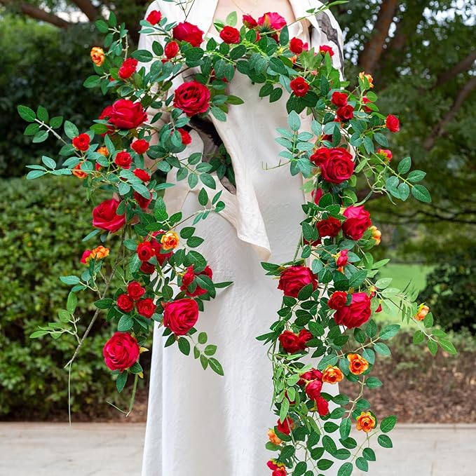 6FT Pink Flower Garland Artificial Rose Vines Hanging Floral Garland for Home Decor Wall Trellis Fence Wall Decoration (Red 2pcs)