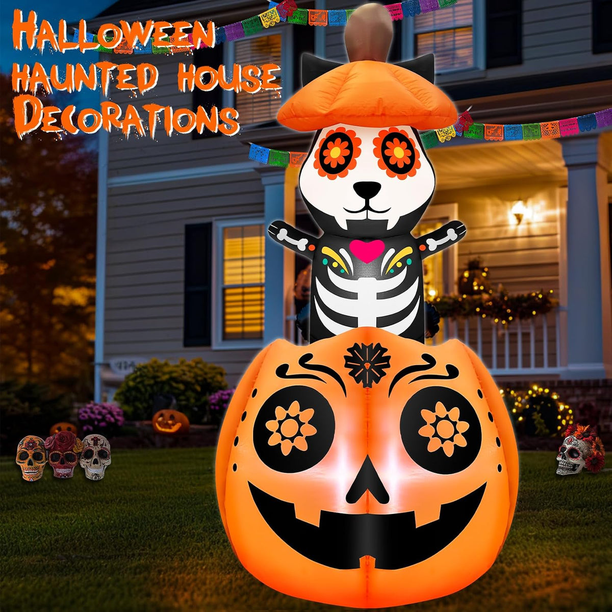 5 ft day of the dead inflatable animated, close-up detail