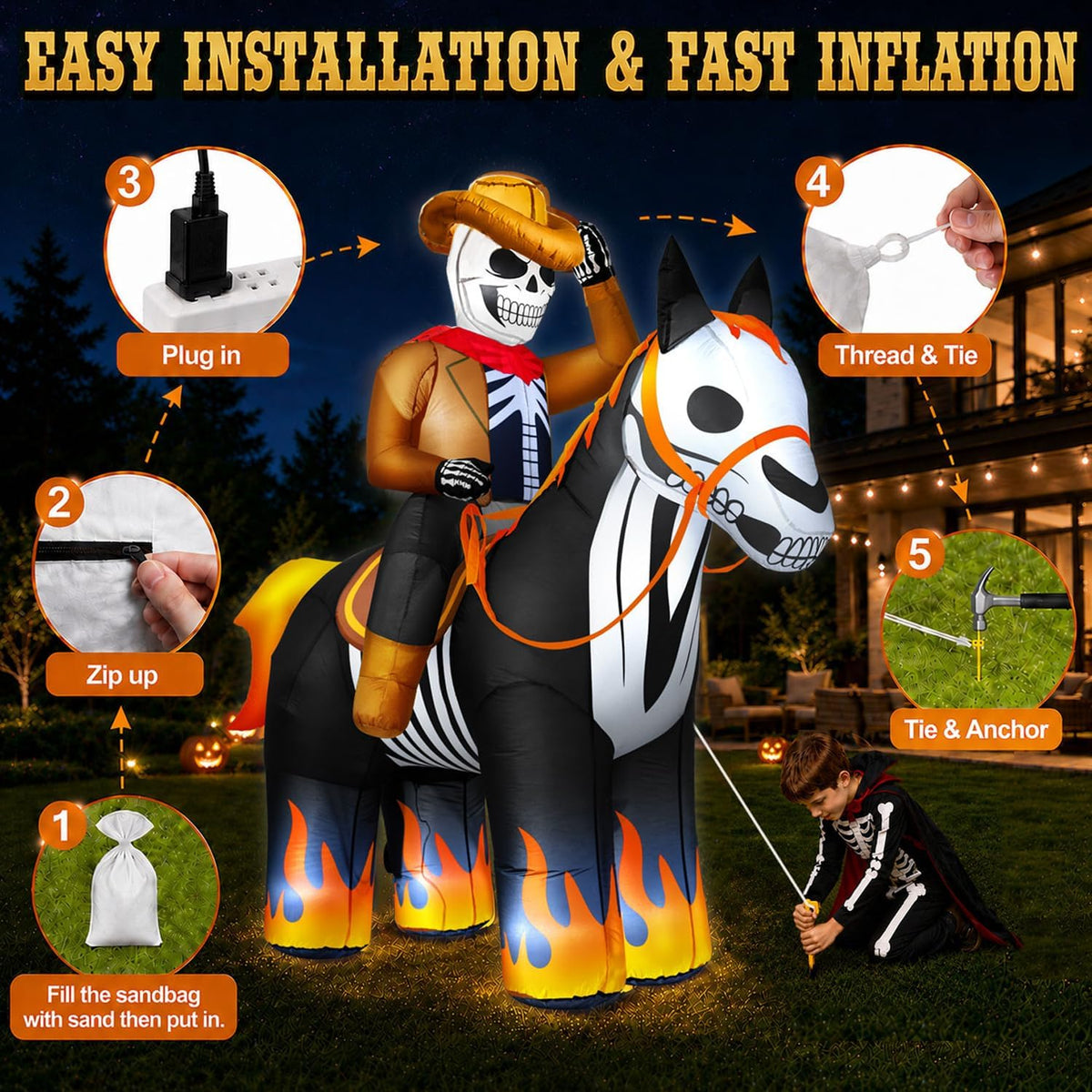 zukakii 7ft halloween inflatables decorations outdoor skeleton cowboy, close-up detail