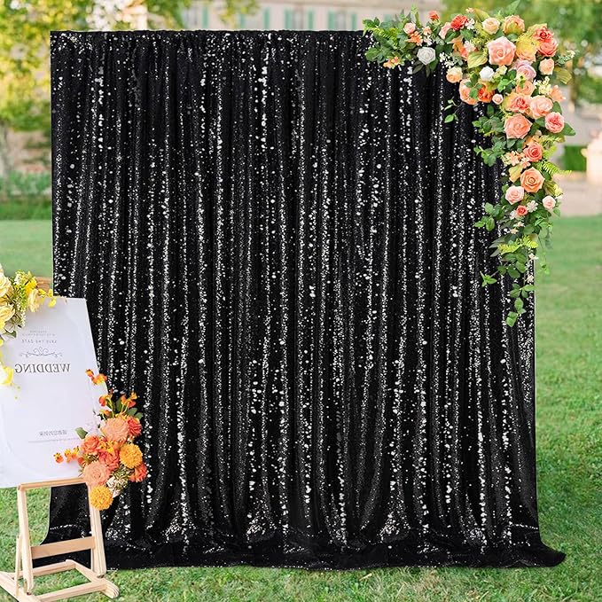 Black Backdrop for Halloween Decorations: Sequin Photo Curtains 10ft x 10ft Glitter Fabric for Wedding Party Baby Shower