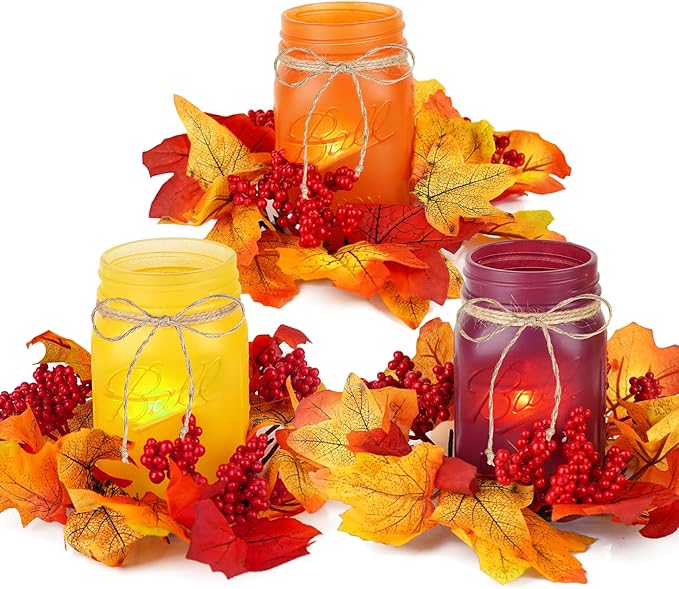 Fall Mason Jar Centerpieces for Tables – Thanksgiving Table Decorations with Autumn Leaves & Berries, Autumn Candle Holder Wreath Rings, Fall Taper Candle Rings for Dining Table