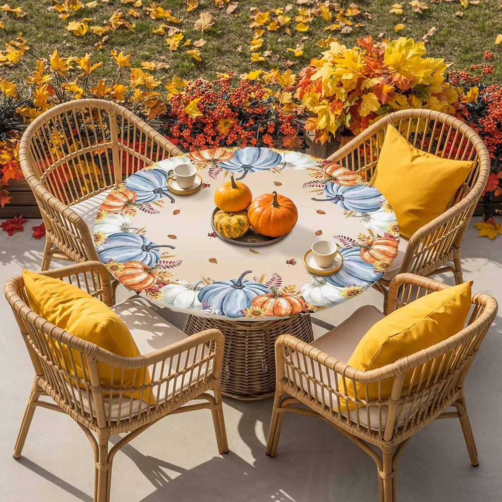 Fall Pumpkin Round Table Cloth Thanksgiving Fitted Tablecloth,Maple Leaves Ta...
