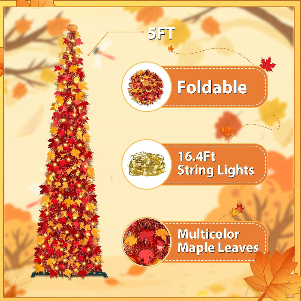 [Timer] 5FT Fall Tree with Lights, 50 LEDs Tinsel Maple Tree with Pumpkin Top...