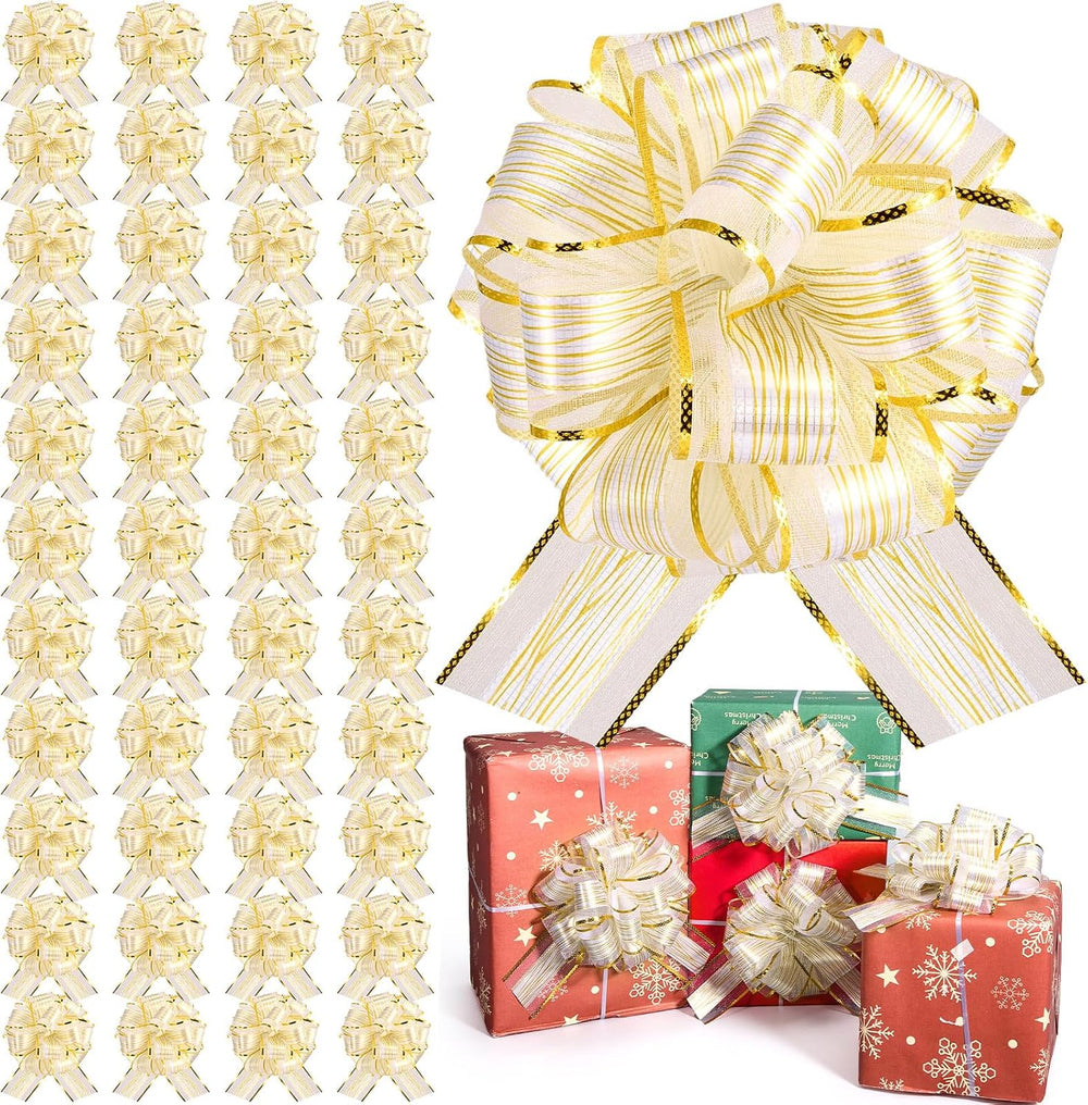 48 Pcs 6 Inch Xmas Pull Bows for Gift Wrapping, White,Gold