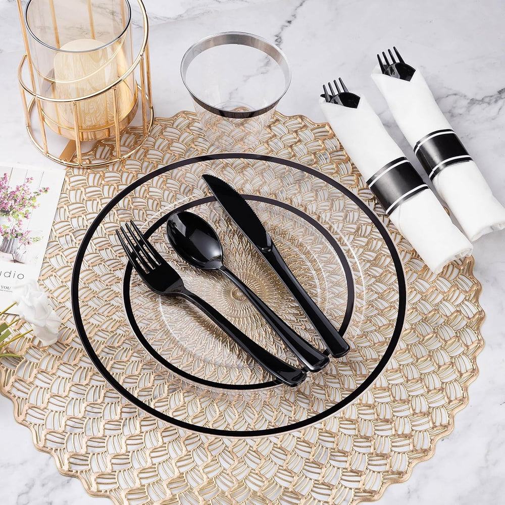 350 Pcs Clear Plastic Plates with Black Rim, Plastic Dinnerware