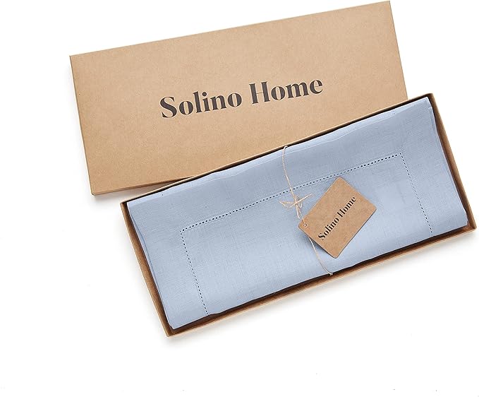 Solino Home Linen Sky Blue Table Runner 144 Inches Long - 100% Pure Linen Extra Long Table Runner 14 x 144 Inch for Christmas- Classic Hemstitch