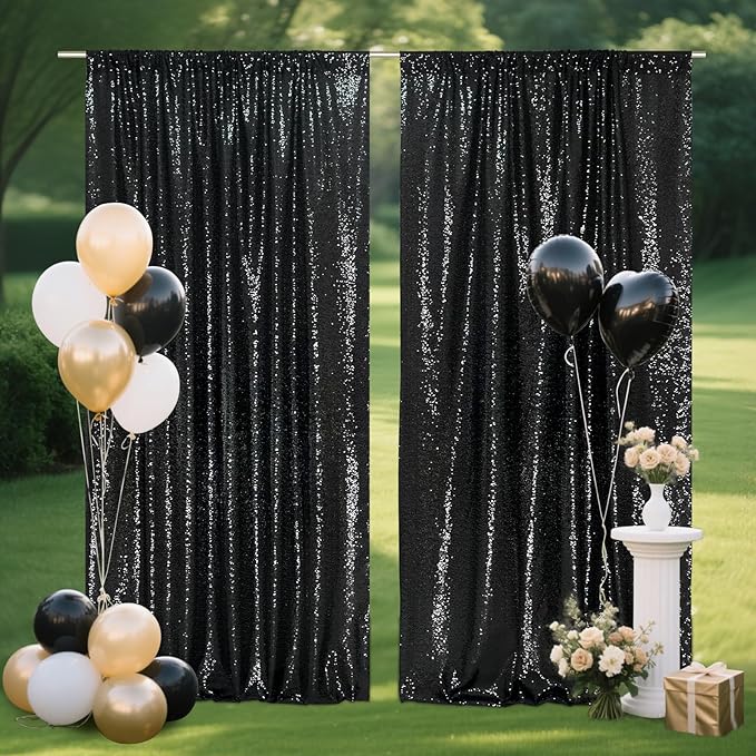 SquarePie Sequin Backdrop Curtain 8FT x 10FT Black Satin Backing Fabric Photography Background for Wedding Patry 4FT x 10FT 2 Panels (2 PCS)