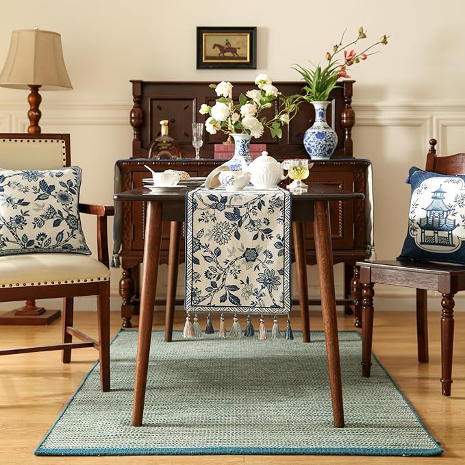 Decorative Linen Table Runner 71 Inches Long,Chinoiserie Blue Floral Cloth Runner for Table Decor Tabletop Table Runners for Kitchen,Dining,Tea Party,Home,Christmas,12"*71"