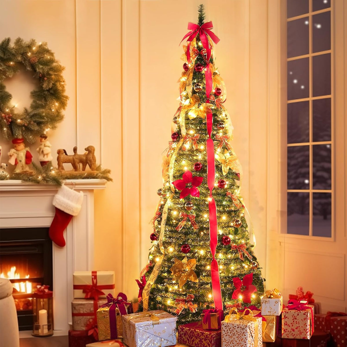 7 FT Prelit Pop Up Christmas Tree 250 Warm White LED Lights Xmas Decoration