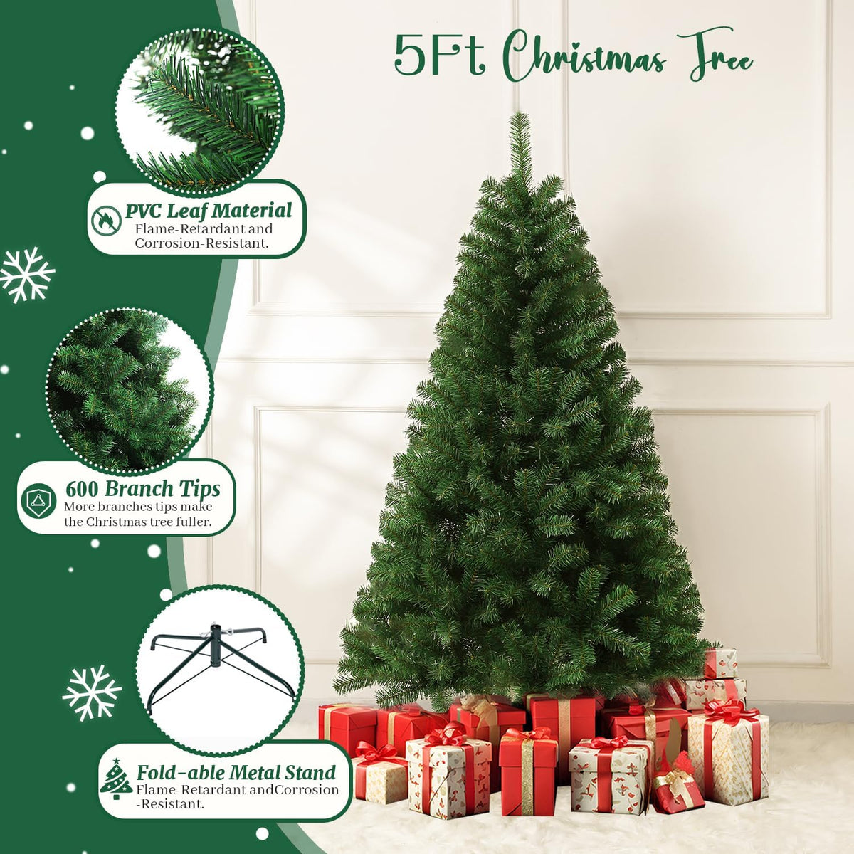 5ft Green Artificial Christmas Tree,Arbol de Navidad Small Fake Xmas Tree