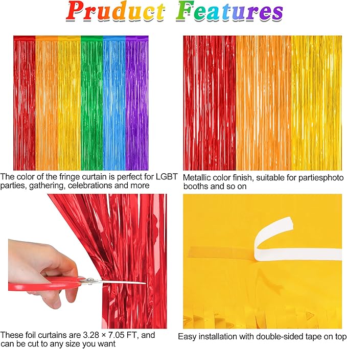 12 Pack Rainbow Backdrop, 3.28 FT x 7.05 FT Pride Decorations, Metallic Fringe Curtains Party Streamer Tinsel Backdrop, Rainbow Foil Curtains Birthday Party Decor Photo Booth Props