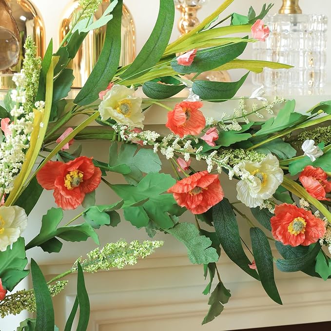 Mizii Red Artificial Flower Garland 6FT Fake Poppy Floral Garland Hanging Vines Spring Summer Flowers Decorations for Mantle Table Centerpieces Room Wall Fireplace Wedding Decor (Red)