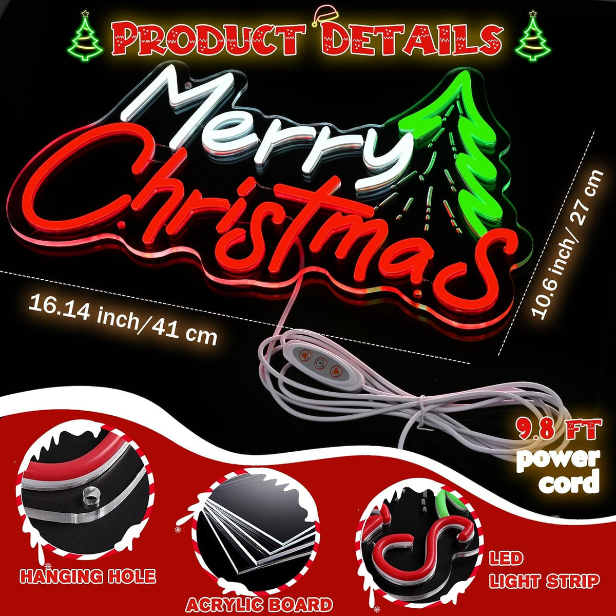framics merry christmas neon sign for wall decor-10, side view