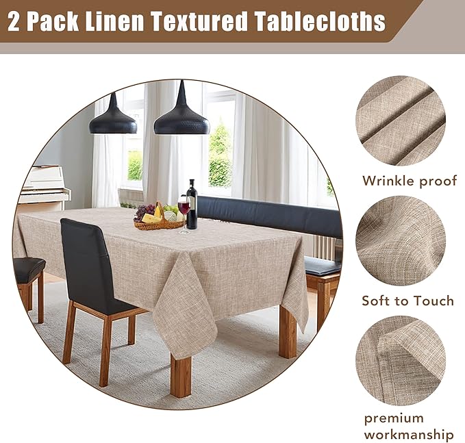 Fitable Faux Linen Tablecloths Rectangle 60 x 120 Inch - 2 Pack Neutral Table Clothes for 8 Foot Tables, Nature Faux Burlap Kitchen Table Covers for Dining, Party, Farmhouse, Banquet, Buffet