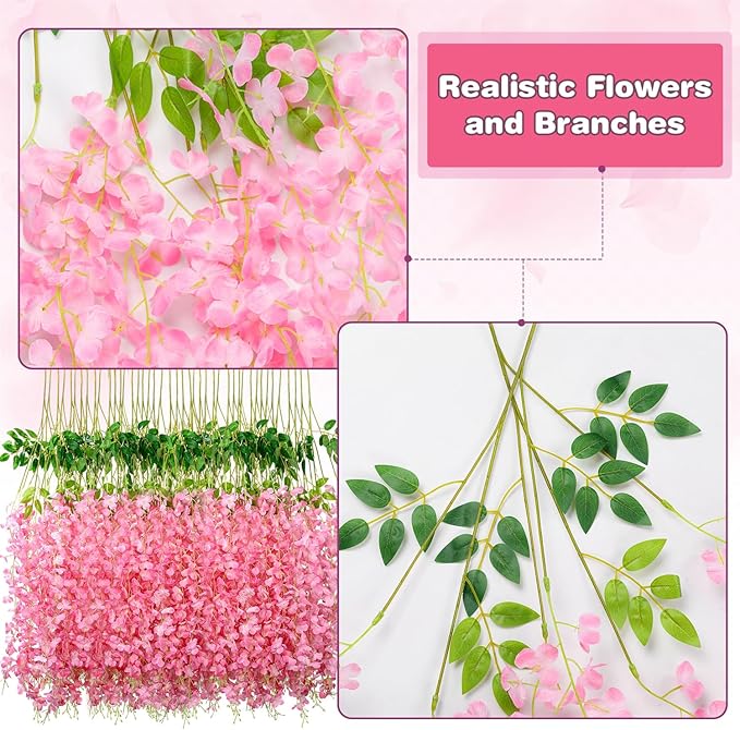 Wisteria Hanging Flowers,Fake Hanging Flowers,Wisteria artificiales Garland for Home Wedding Arch Floral Party Garden Ceremony Outdoor Decor,3.6 feet Long(48,Pink) (48 Pack)