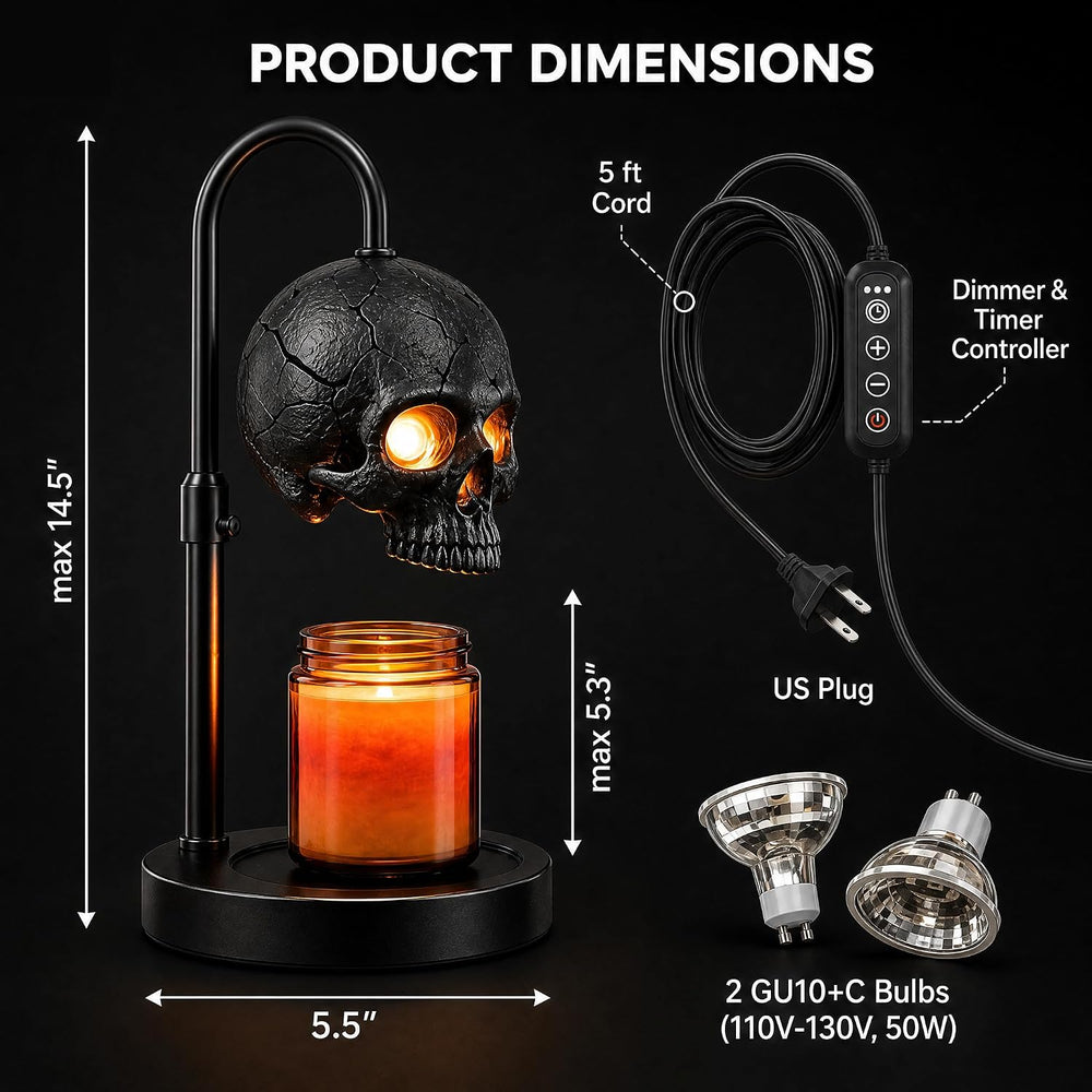 Skull Candle Warmer Lamp with Timer & Dimmer, Black Gothic Candle Warmer