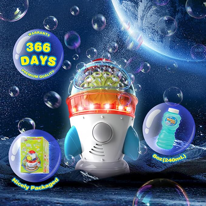 Rocket-Shaped Bubble Machine for Kids & Pets - Dual Powerful Bubble Outlets, Automatic 360° Rotation, Adjustable LED Lights & Music – Ideal for Indoor/Outdoor Birthday Parties