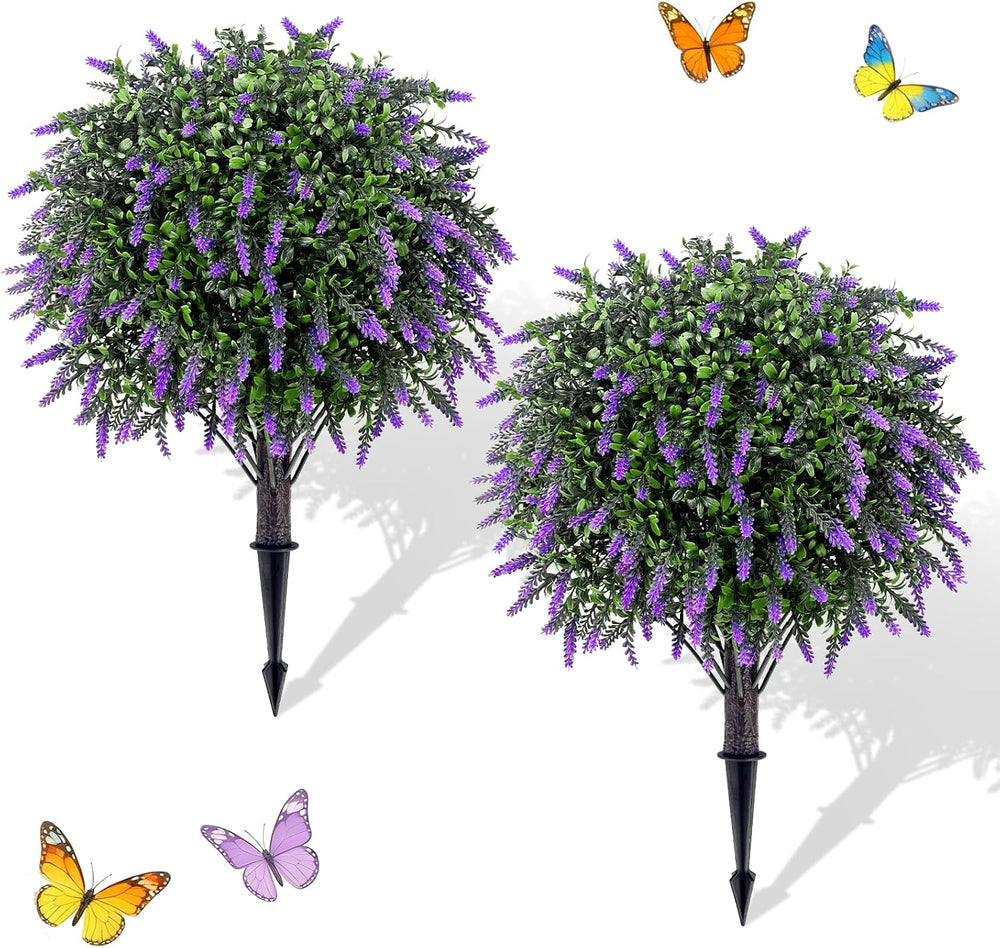 2 Pack Lavender Topiary Bushes, 25" Artificial Flowers for Outdoors