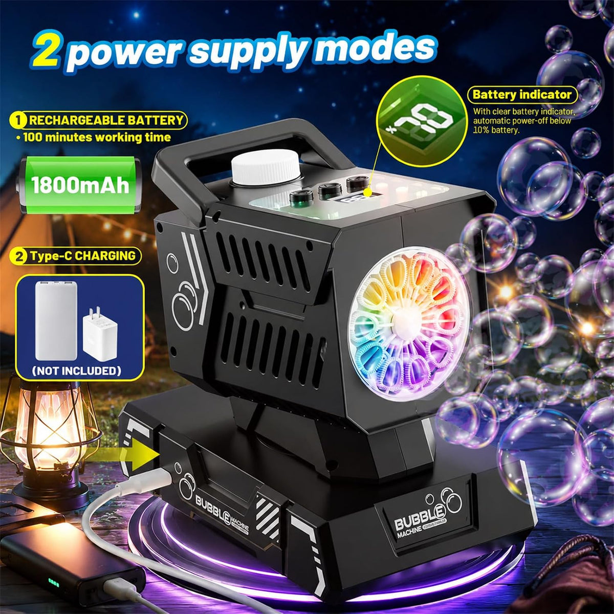 shcke bubble machine with remote control, auto rotation shown in use