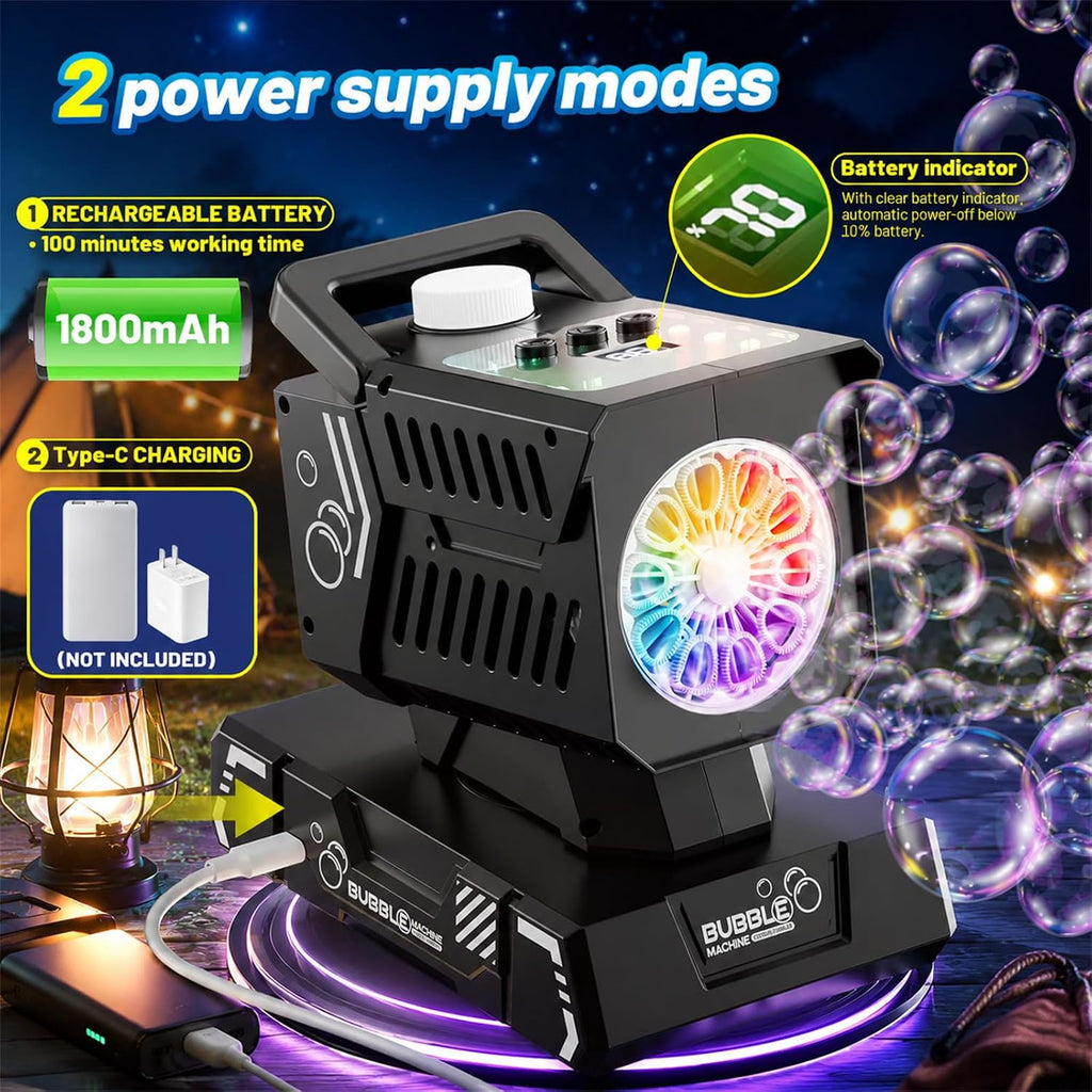 shcke bubble machine with remote control, auto rotation shown in use