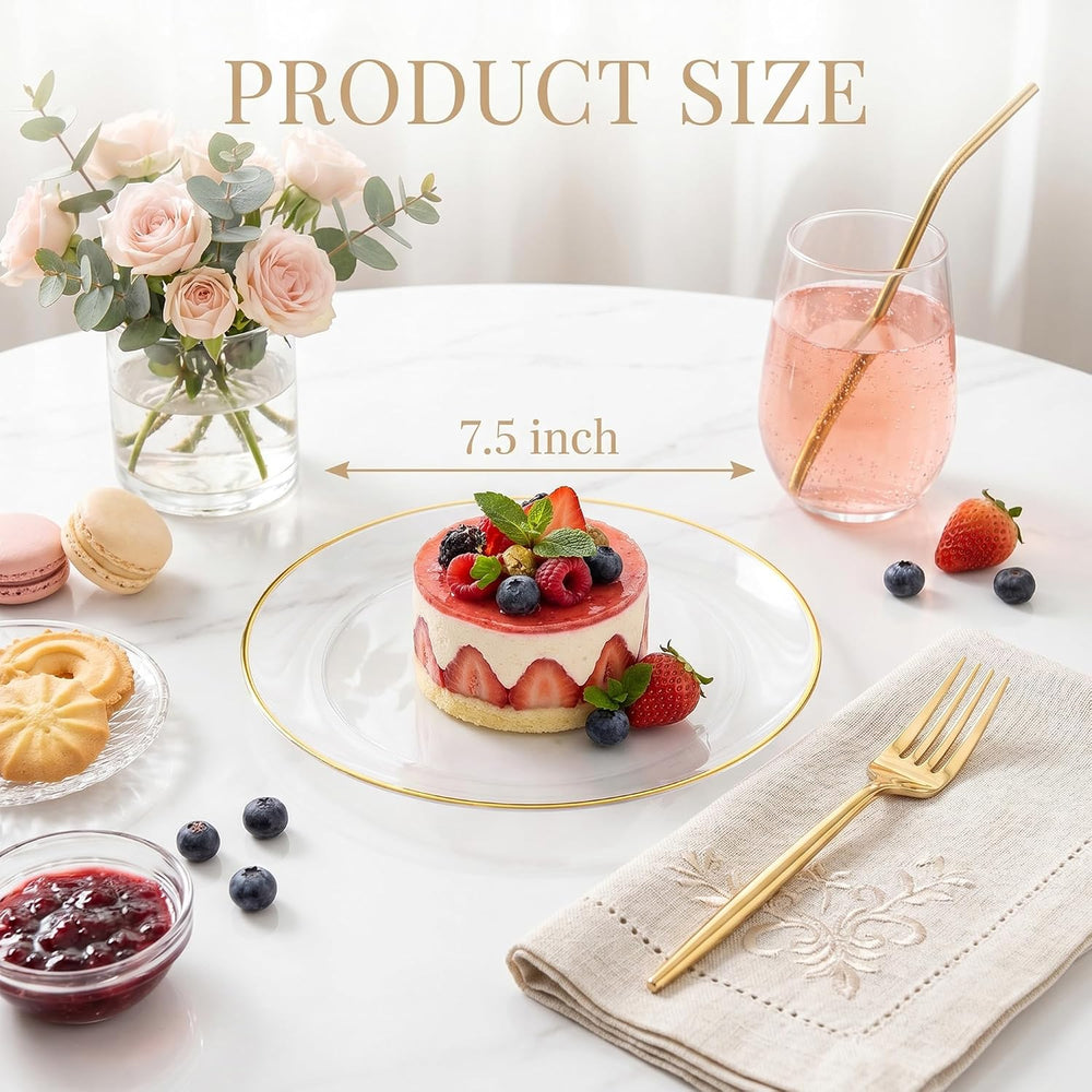 200Pcs Clear Gold Dessert Plates With Plastic Gold Forks, 100pcs 7.5inch Plat...