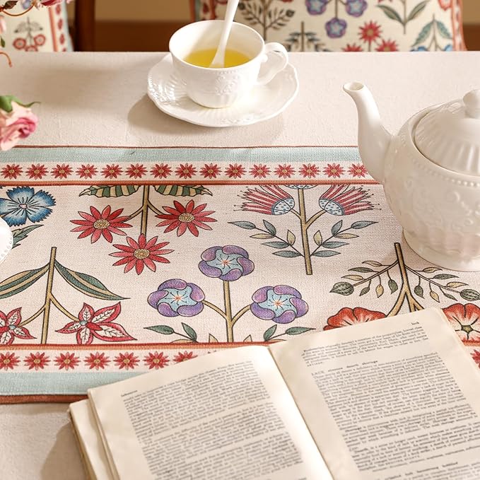 Decorative Linen Table Runner 87 Inches Long,Green Floral Rustic Farmhouse Runner for Table Decor Tabletop Table Runners for Kitchen,Dining,Party,Home,Christmas,12"*87"